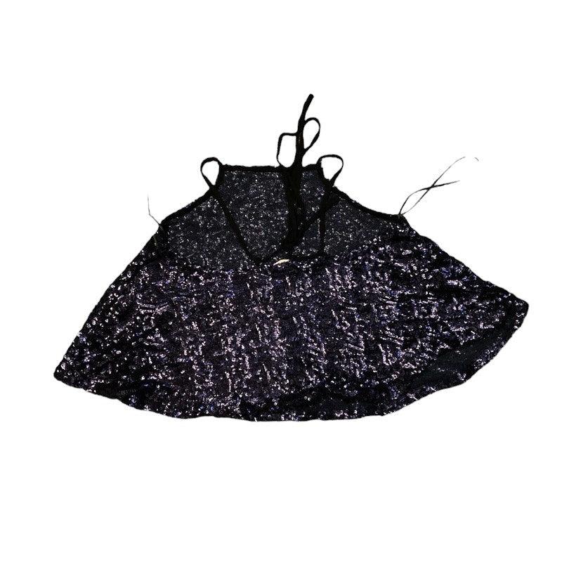 Y2K Crop Top Sequin Navy Flowy (S-M) - Fashion Aftermath