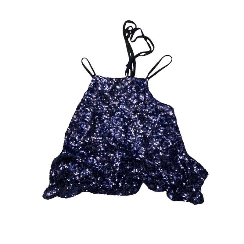 Y2K Crop Top Sequin Navy Flowy (S-M) - Fashion Aftermath