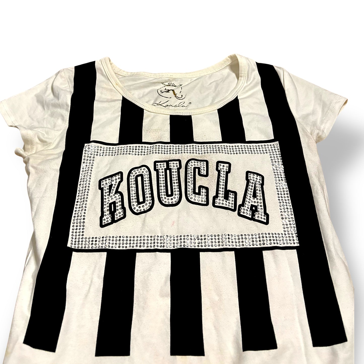 Y2K T-shirt Rhinestone Striped Fringes (S)