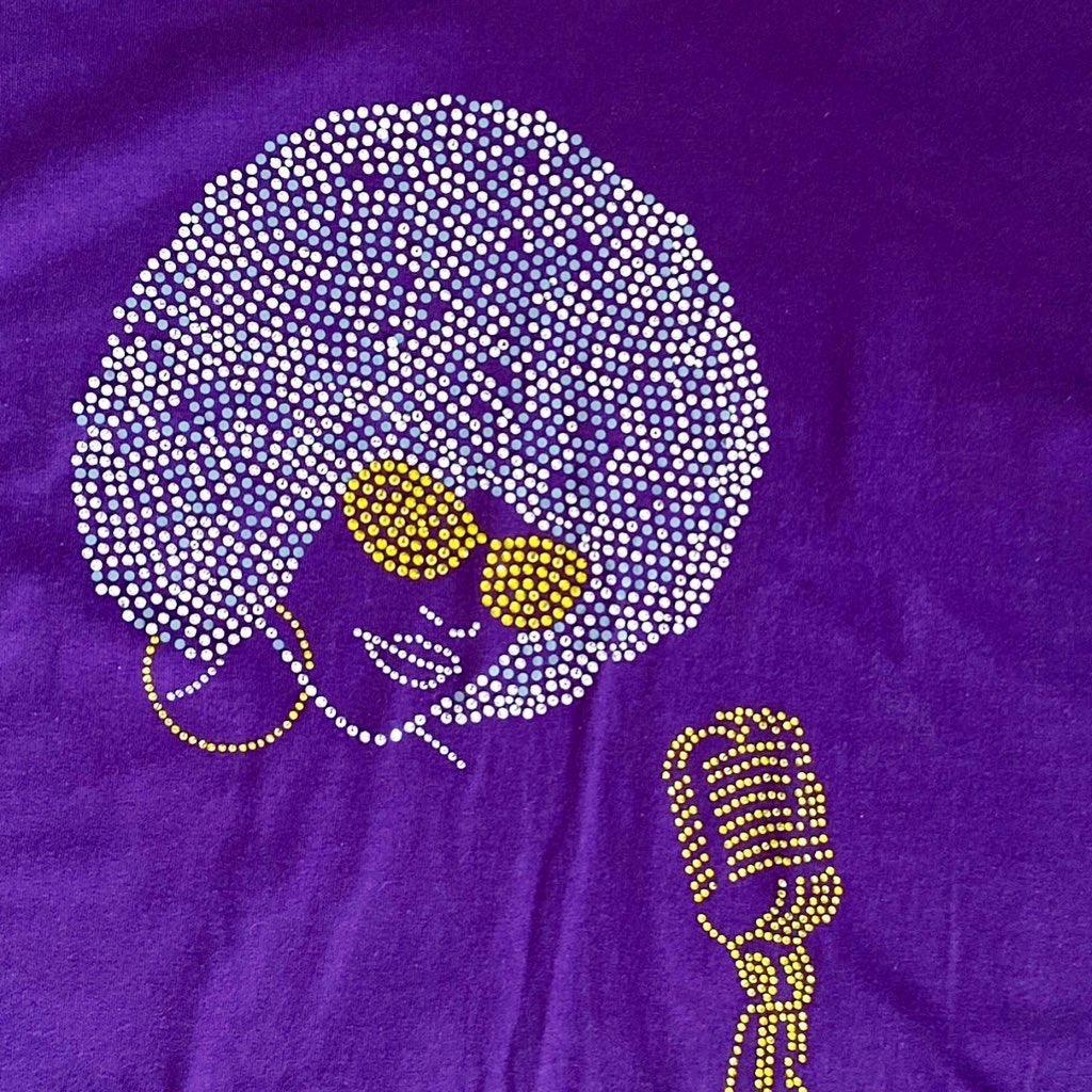 Purple T-Shirt Men’s Rhinestone Singer with Afro Hairstyle Design (L) - Fashion Aftermath