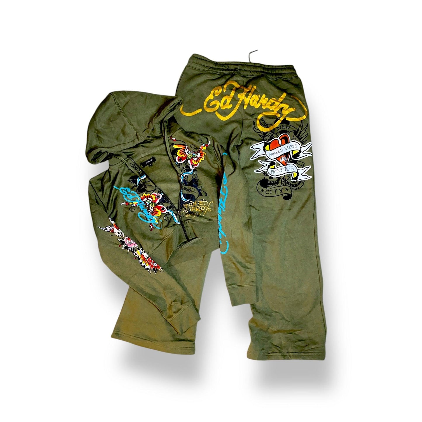 Ed Hardy Tracksuit Set Pants + Sweatshirt Y2K Olive (M) - Fashion Aftermath