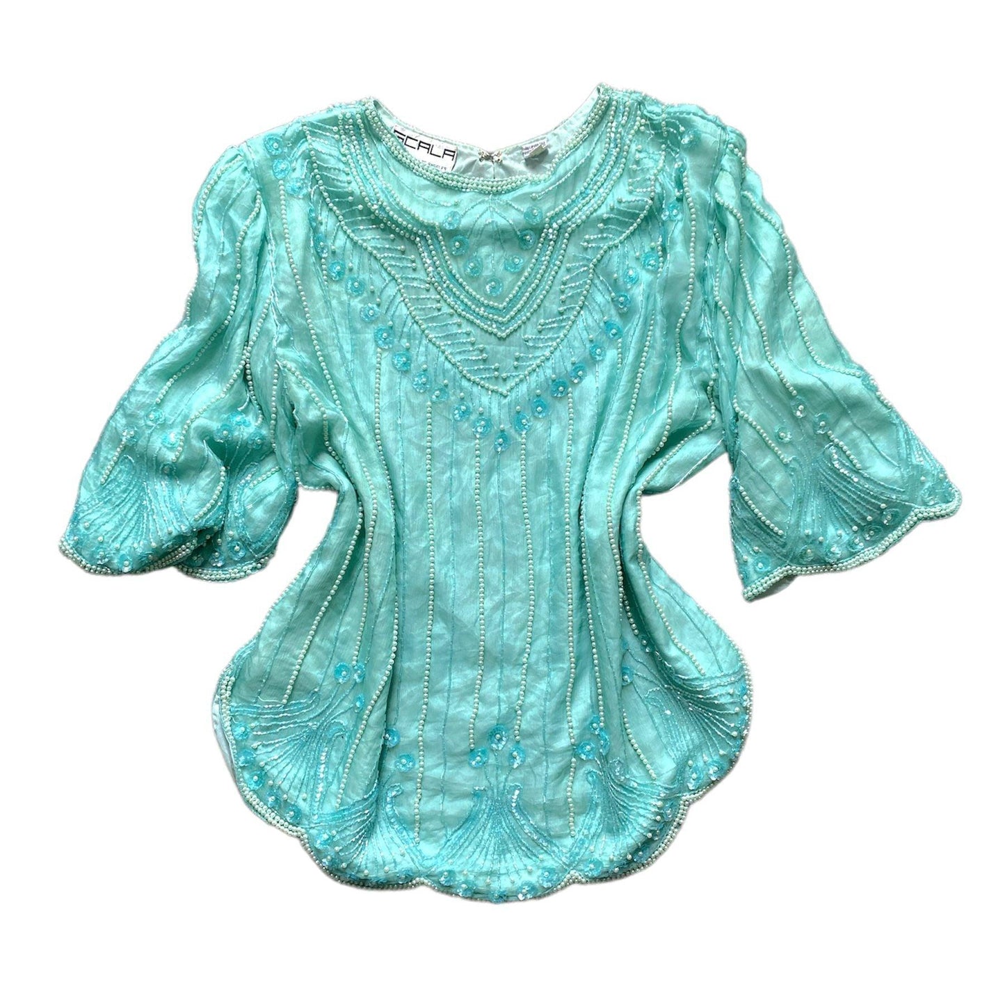 Sequined Top Silk Blouse by LA SCALA (XL) - Fashion Aftermath