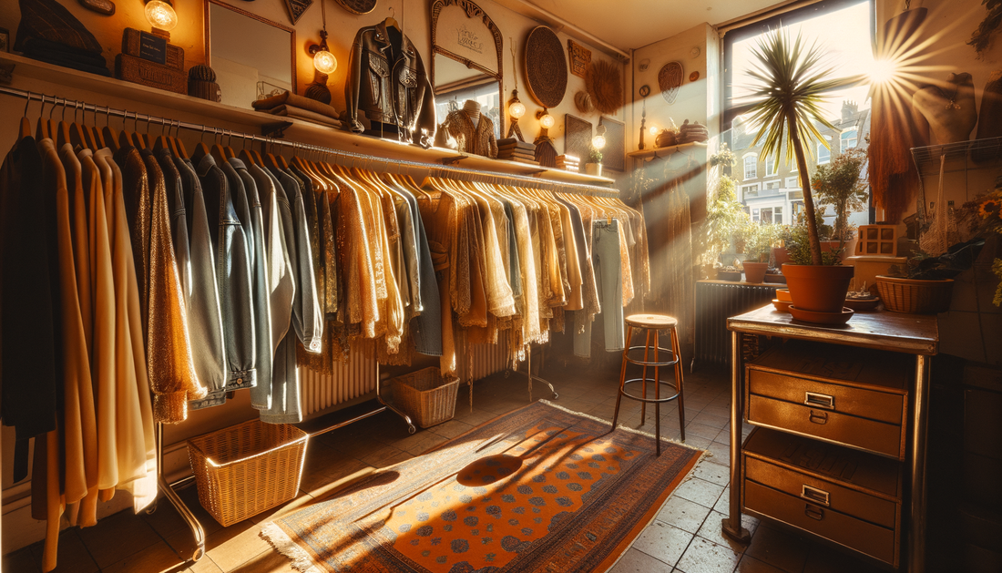 vintage clothing displayed in a sunlit london shop with earthy, retro accents