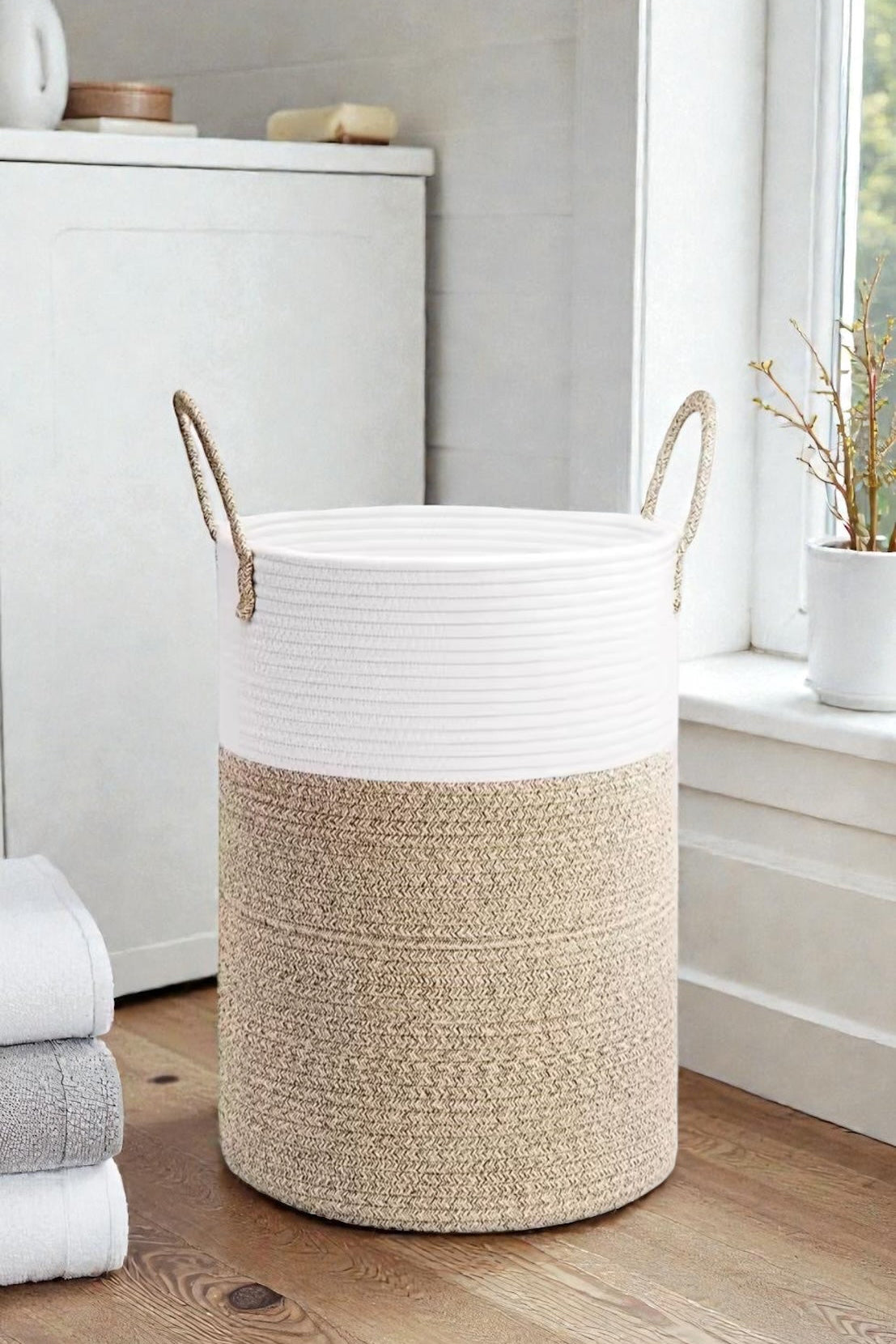 Laundry basket cotton clothing bag white beige
