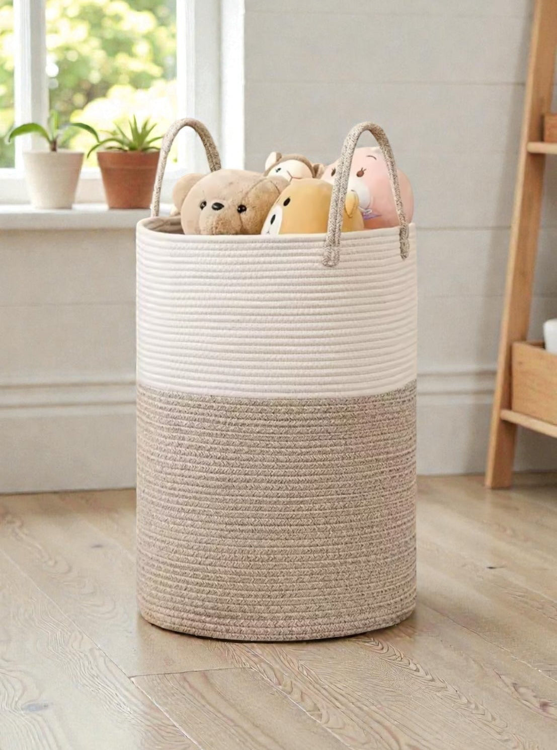 Laundry basket cotton clothing bag white beige