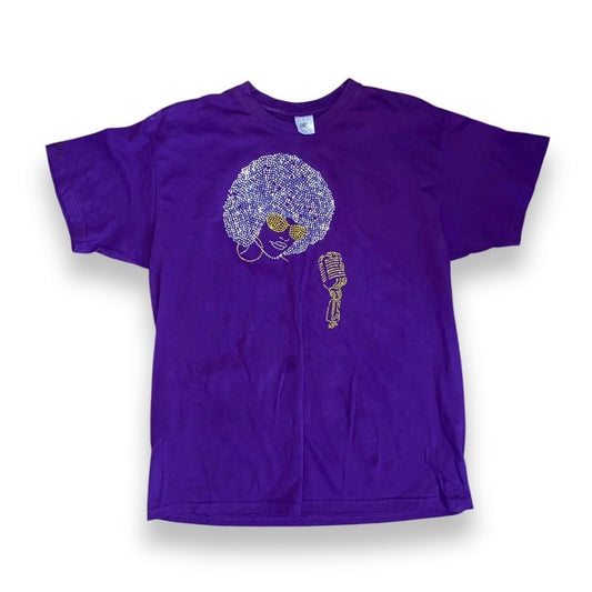 Purple T-Shirt Men’s Rhinestone Singer with Afro Hairstyle Design (L)