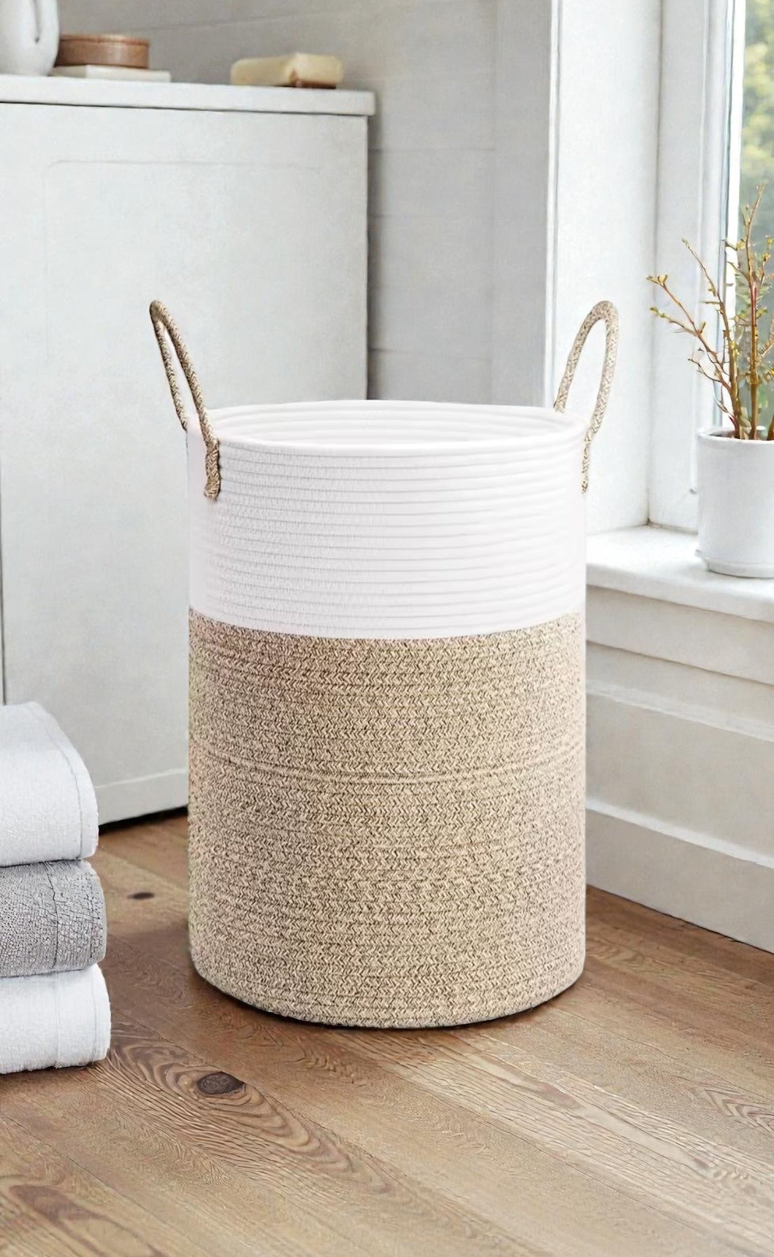 Laundry basket cotton clothing bag white beige