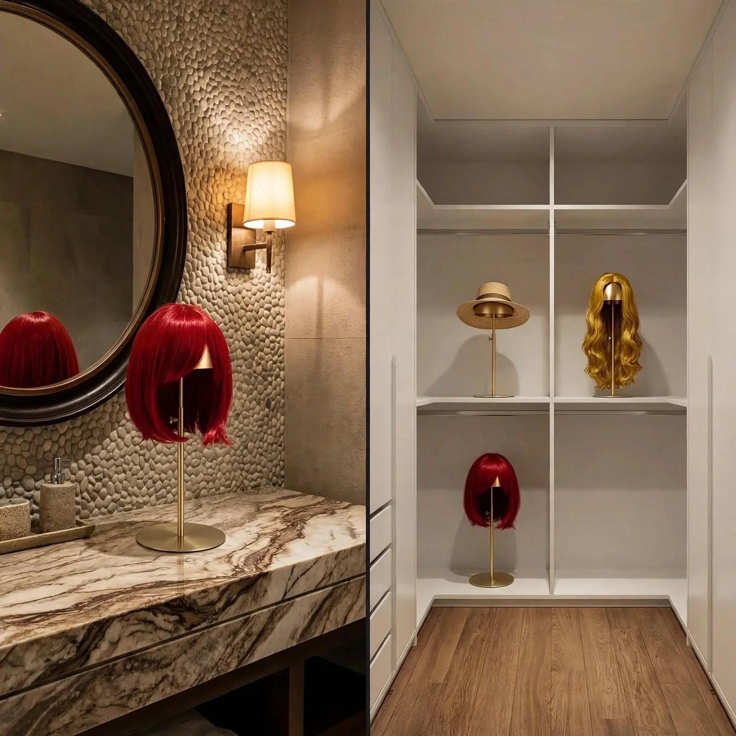 Red, gold, and straw wigs displayed in a modern dressing area with marble countertops.