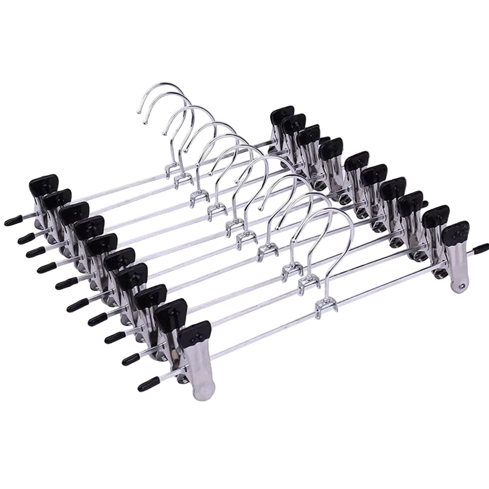Set of 10 metal hangers with black clips on a white background