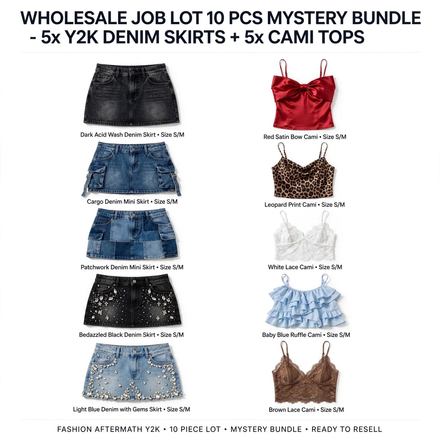 WHOLESALE JOB LOT 10x MYSTERY BUNDLE 5x Vintage Y2K Denim Mini Skirts 5x Camis