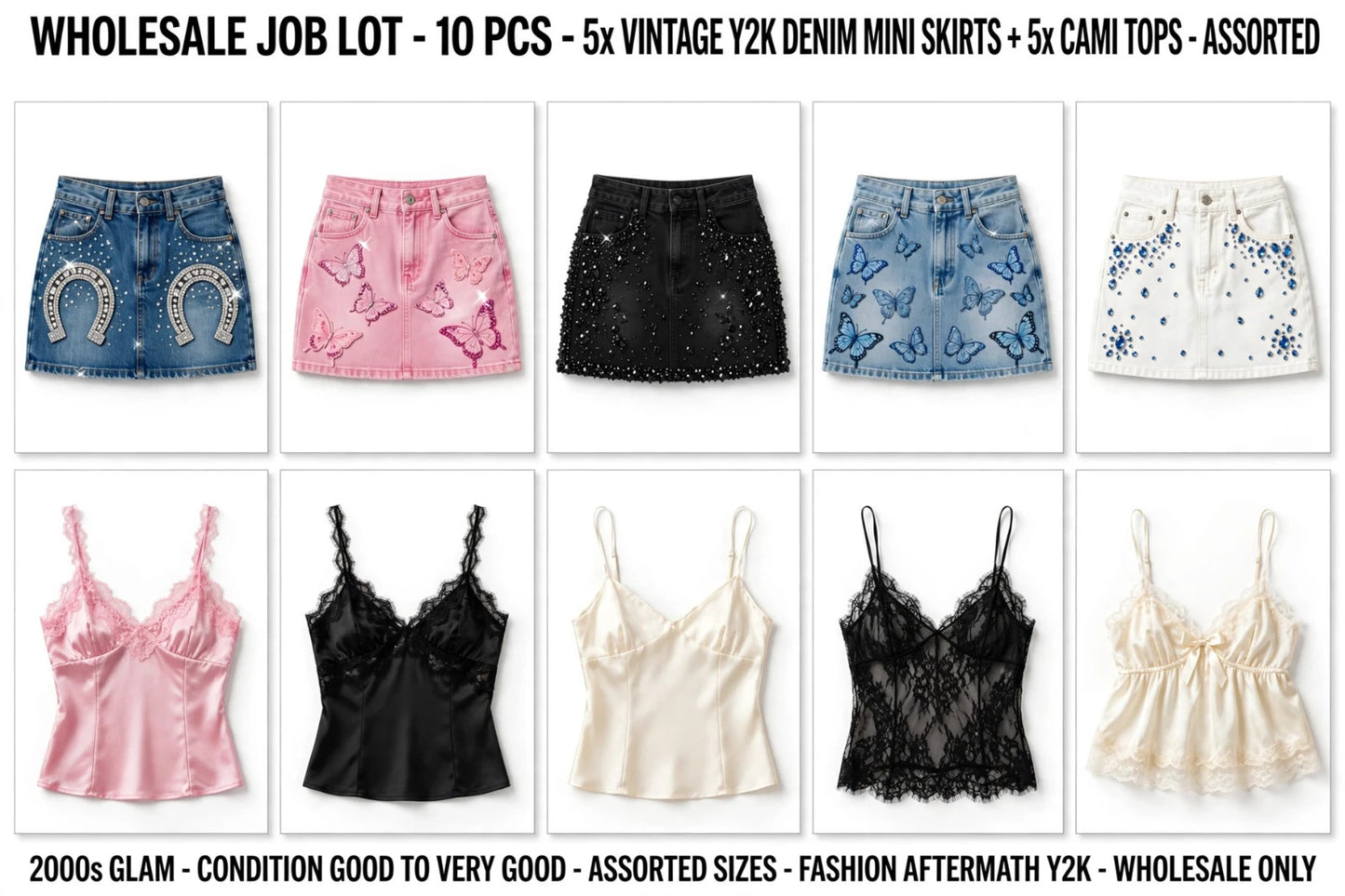 WHOLESALE JOB LOT 10x MYSTERY BUNDLE 5x Vintage Y2K Denim Mini Skirts 5x Camis