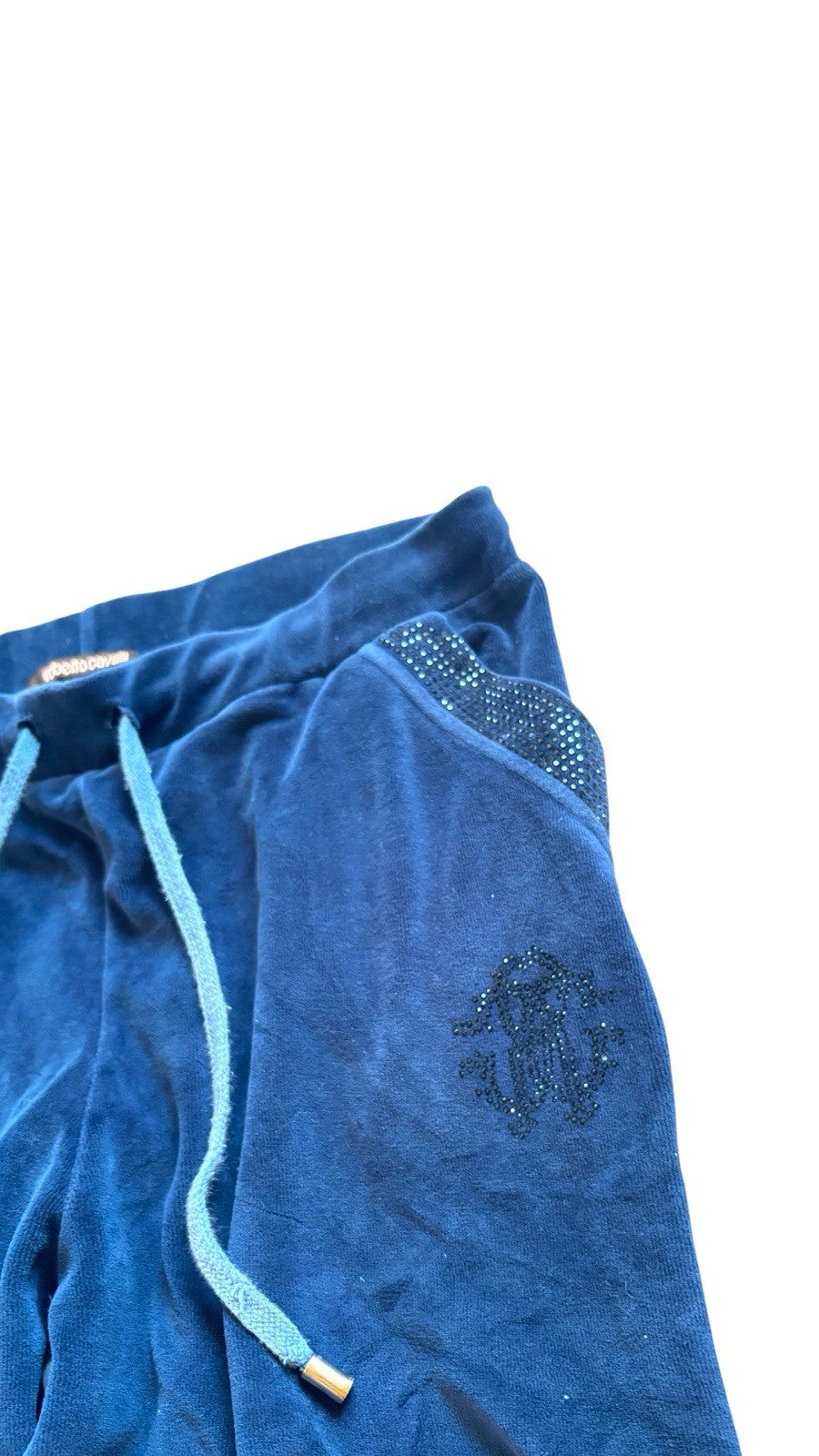 Roberto Cavalli Y2k Velour Track Pants Size S Blue Rhinestone Logo Joggers Uk