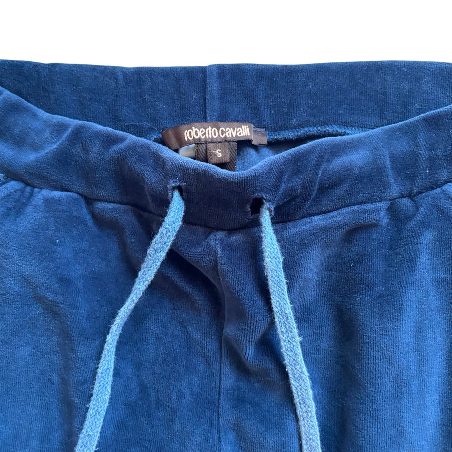 Roberto Cavalli Y2k Velour Track Pants Size S Blue Rhinestone Logo Joggers Uk