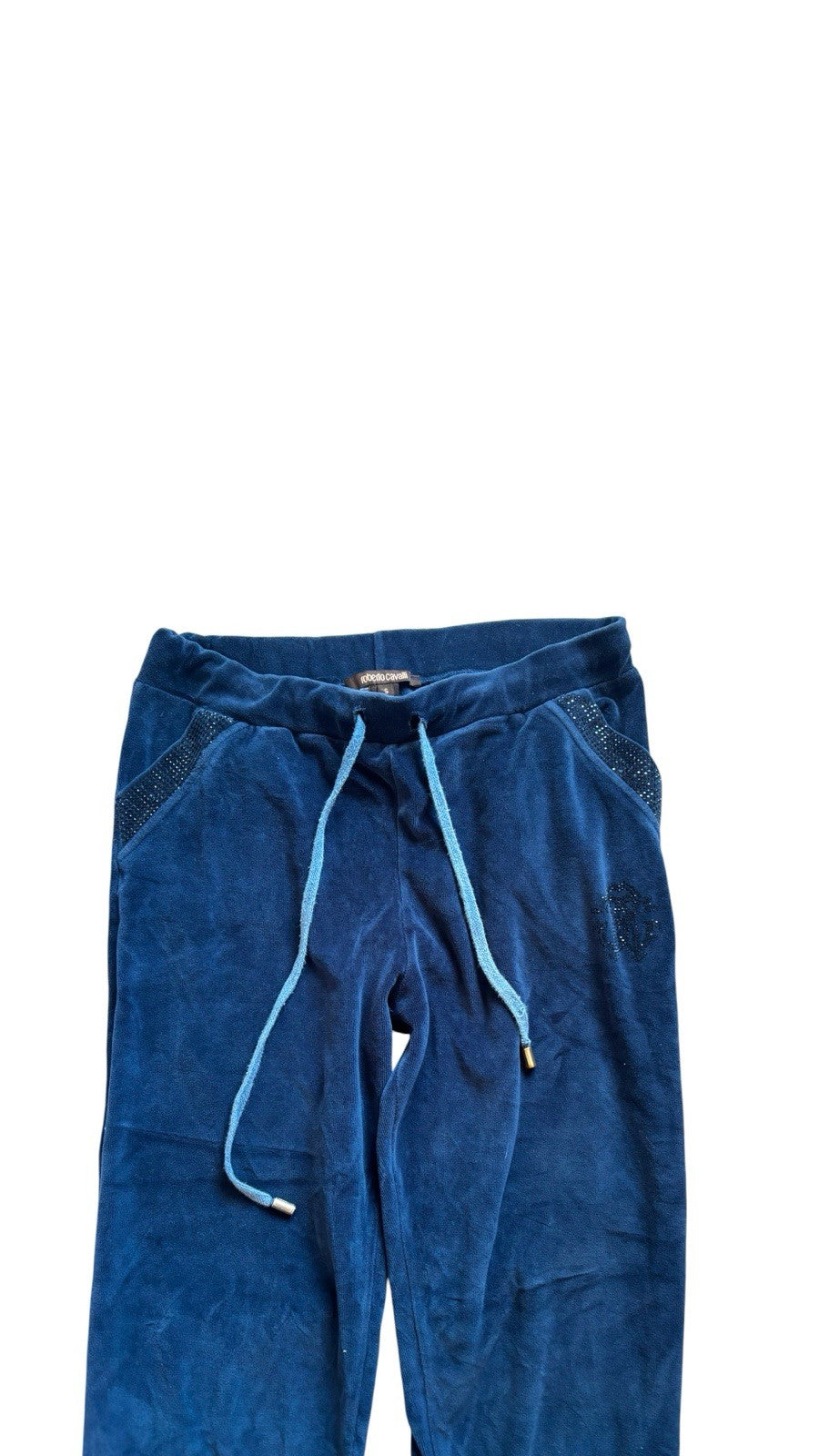 Roberto Cavalli Y2k Velour Track Pants Size S Blue Rhinestone Logo Joggers Uk