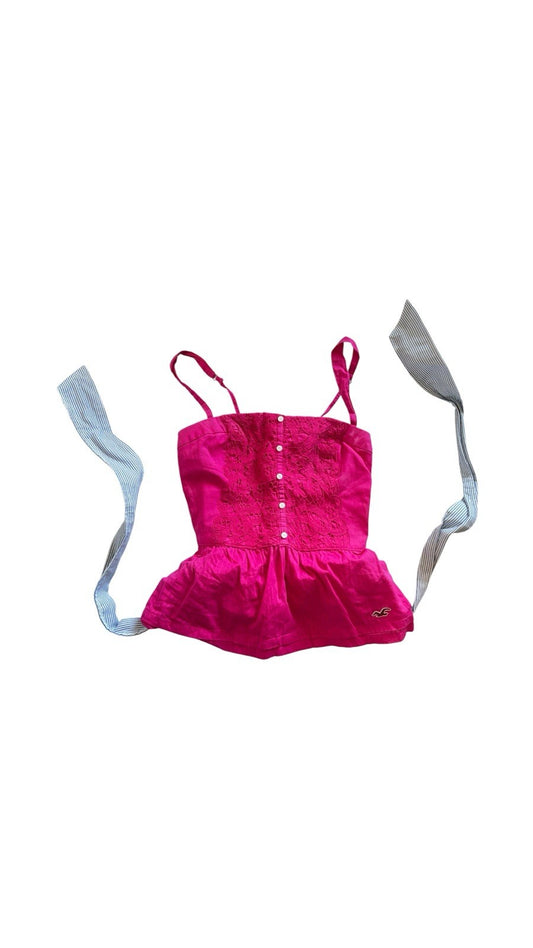 Hollister Women's Pink Y2K Top Size S UK 10 with Button Closure Ruffle Detail