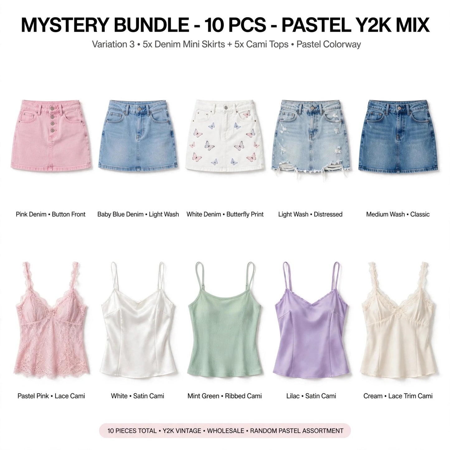 WHOLESALE JOB LOT 10x MYSTERY BUNDLE 5x Vintage Y2K Denim Mini Skirts 5x Camis