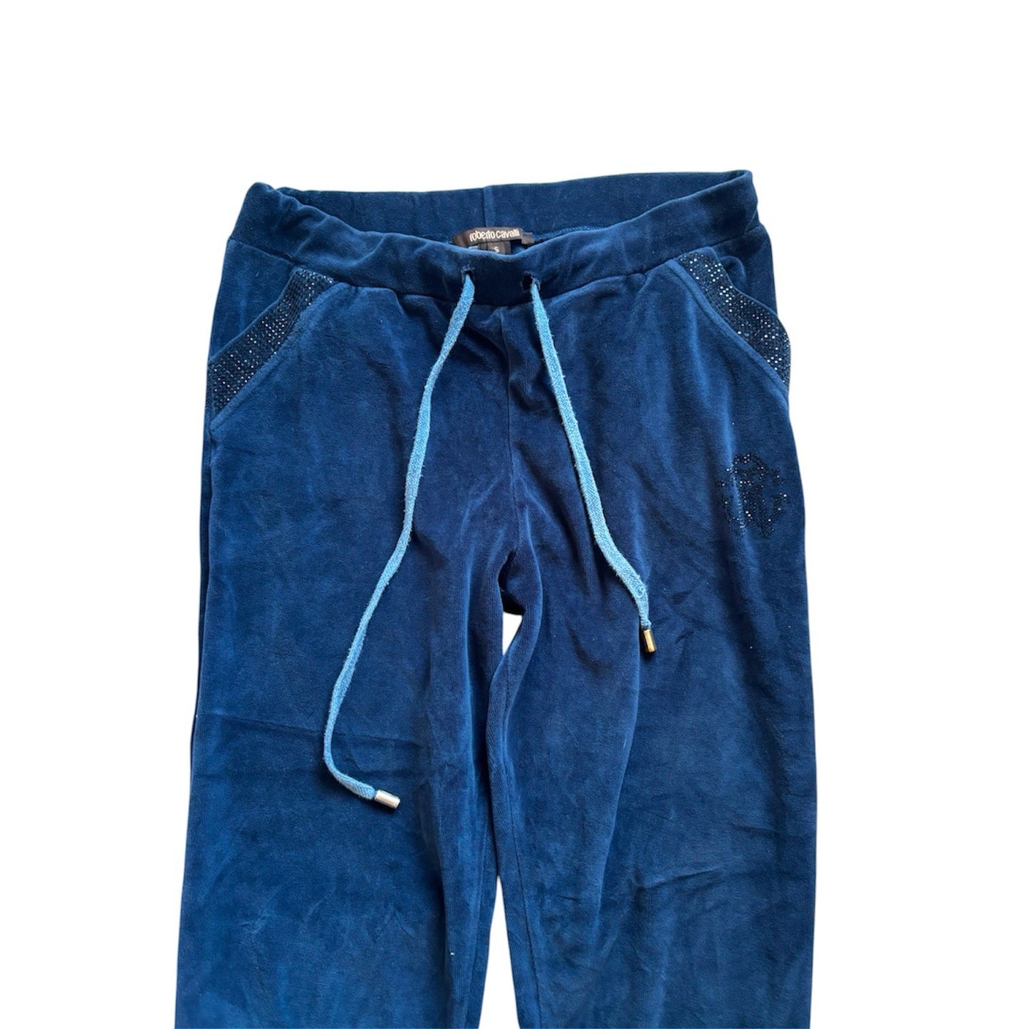 Roberto Cavalli Y2k Velour Track Pants Size S Blue Rhinestone Logo Joggers Uk