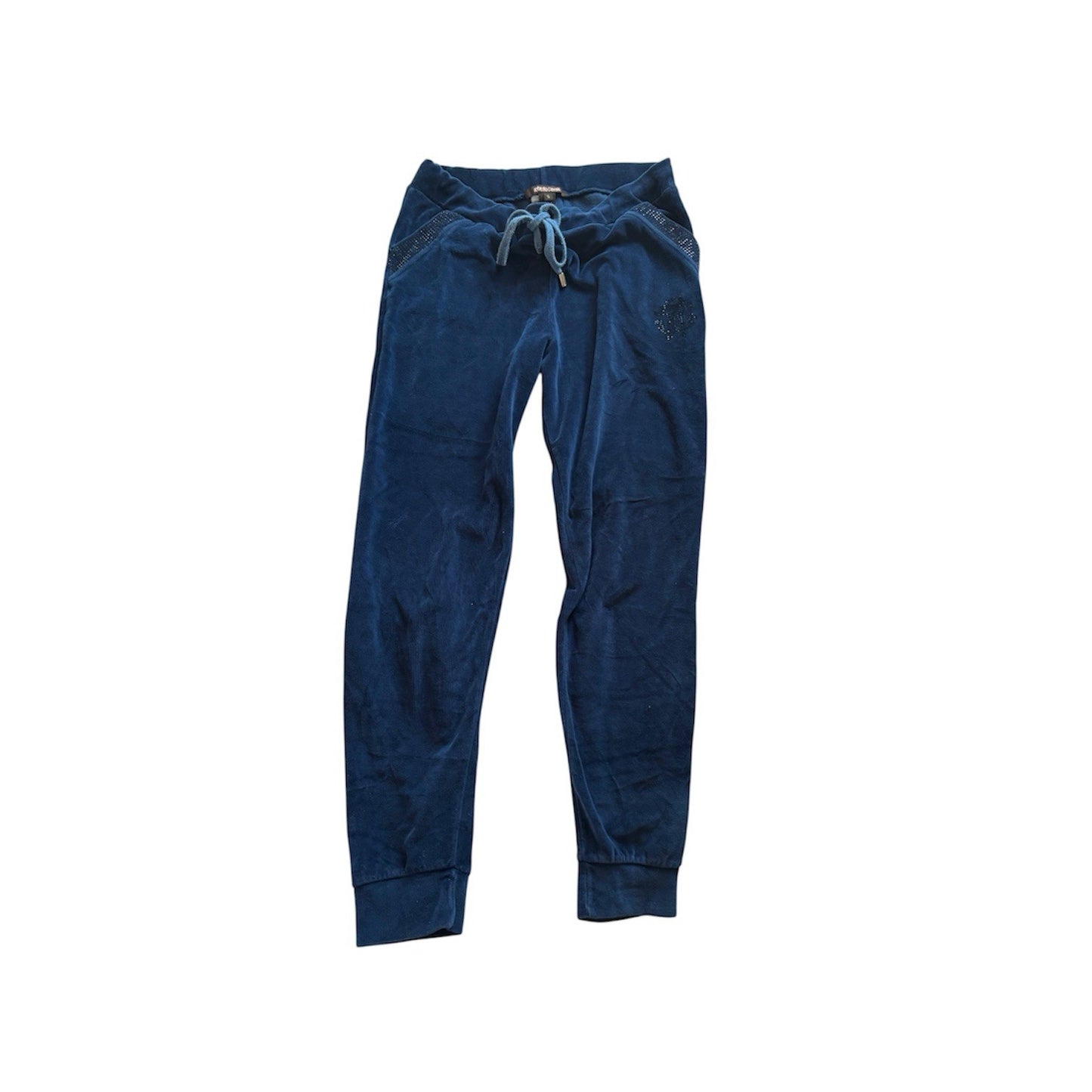 Roberto Cavalli Y2k Velour Track Pants Size S Blue Rhinestone Logo Joggers Uk