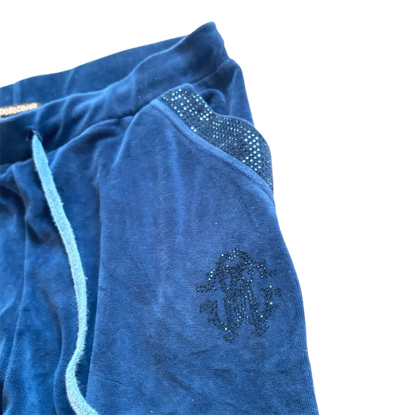 Roberto Cavalli Y2k Velour Track Pants Size S Blue Rhinestone Logo Joggers Uk