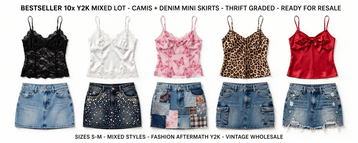 WHOLESALE JOB LOT 10x MYSTERY BUNDLE 5x Vintage Y2K Denim Mini Skirts 5x Camis