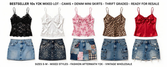 WHOLESALE JOB LOT 10x MYSTERY BUNDLE 5x Vintage Y2K Denim Mini Skirts 5x Camis
