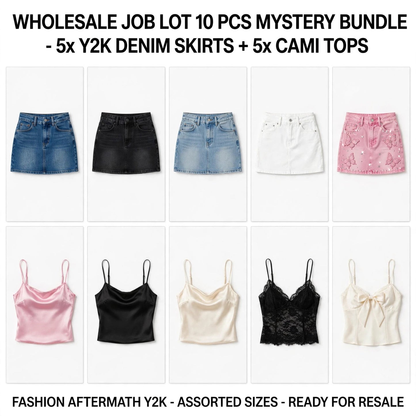 WHOLESALE JOB LOT 10x MYSTERY BUNDLE 5x Vintage Y2K Denim Mini Skirts 5x Camis