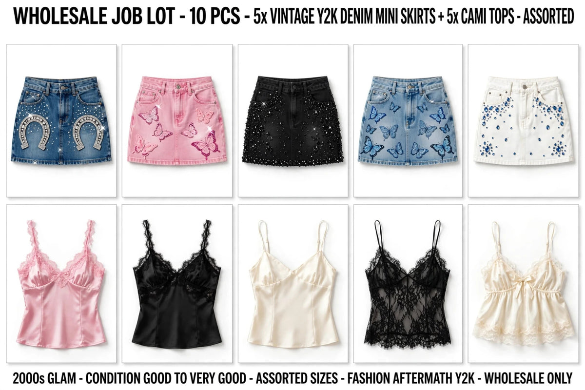WHOLESALE JOB LOT 10x MYSTERY BUNDLE 5x Vintage Y2K Denim Mini Skirts 5x Camis - Fashion Aftermath | Thrift store - Vintage Clothing - Vintage store