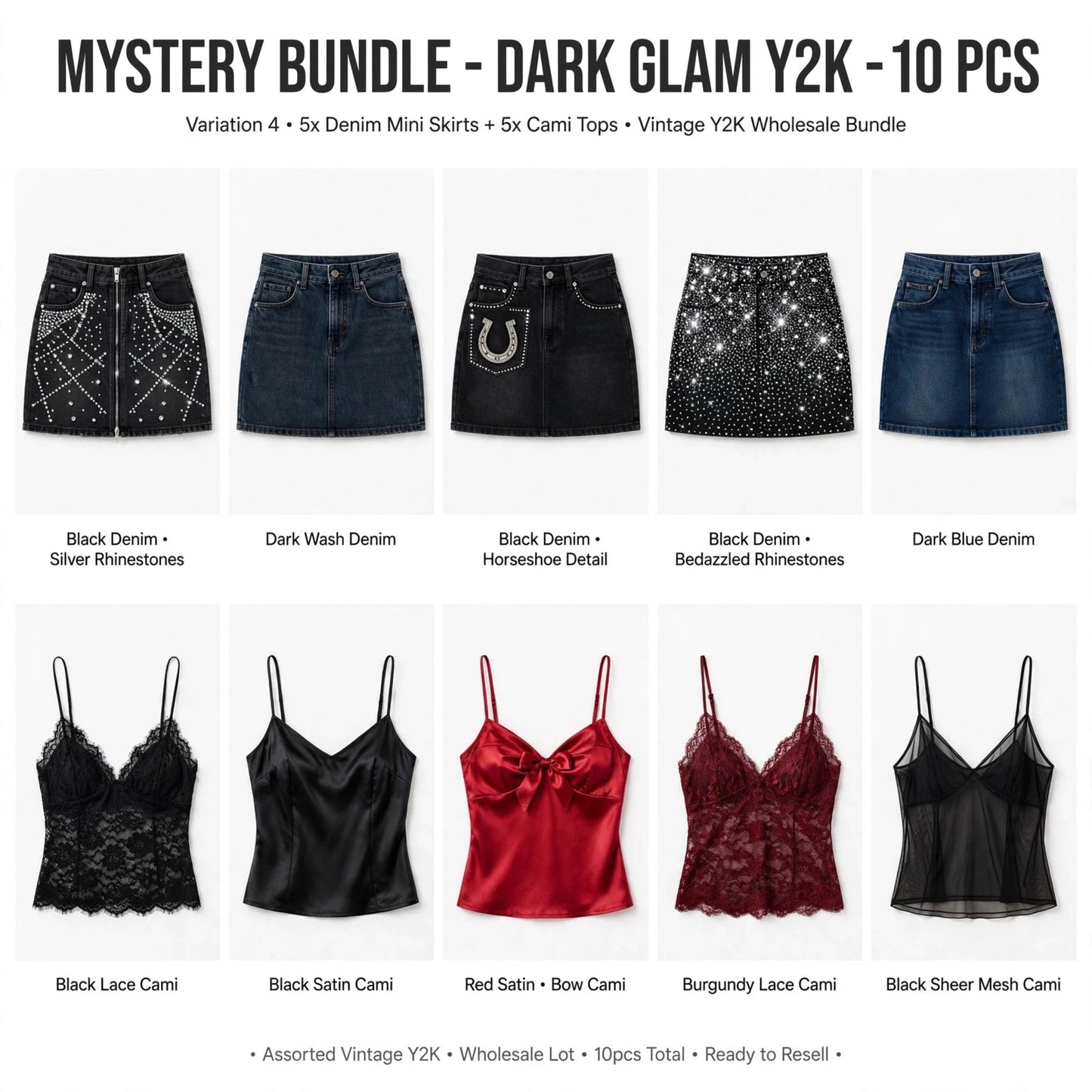WHOLESALE JOB LOT 10x MYSTERY BUNDLE 5x Vintage Y2K Denim Mini Skirts 5x Camis